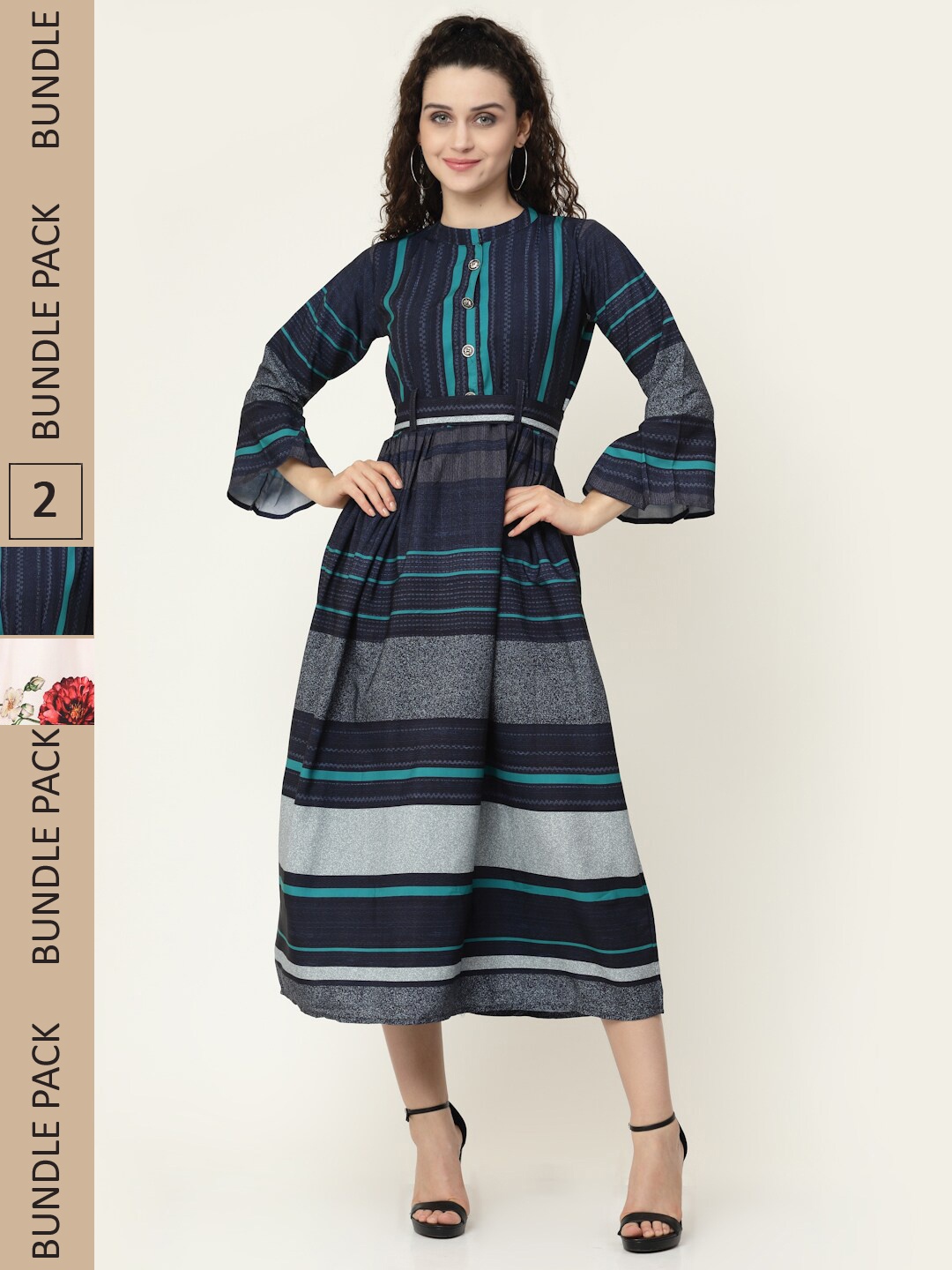 

MISS AYSE Pack of 2 Striped Crepe Midi Dress, Black