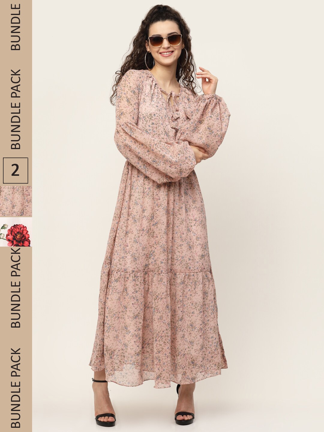 

MISS AYSE Pack of 2 Floral Tie-Up Neck Georgette Maxi Maxi Dress, Mauve