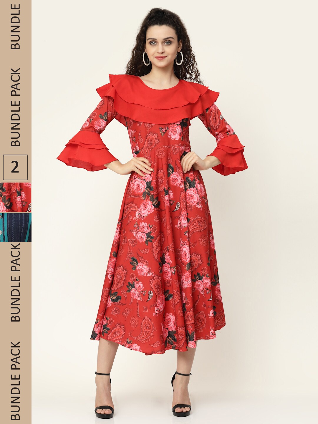 

MISS AYSE Pack of 2 Floral Crepe Midi Dress, Red