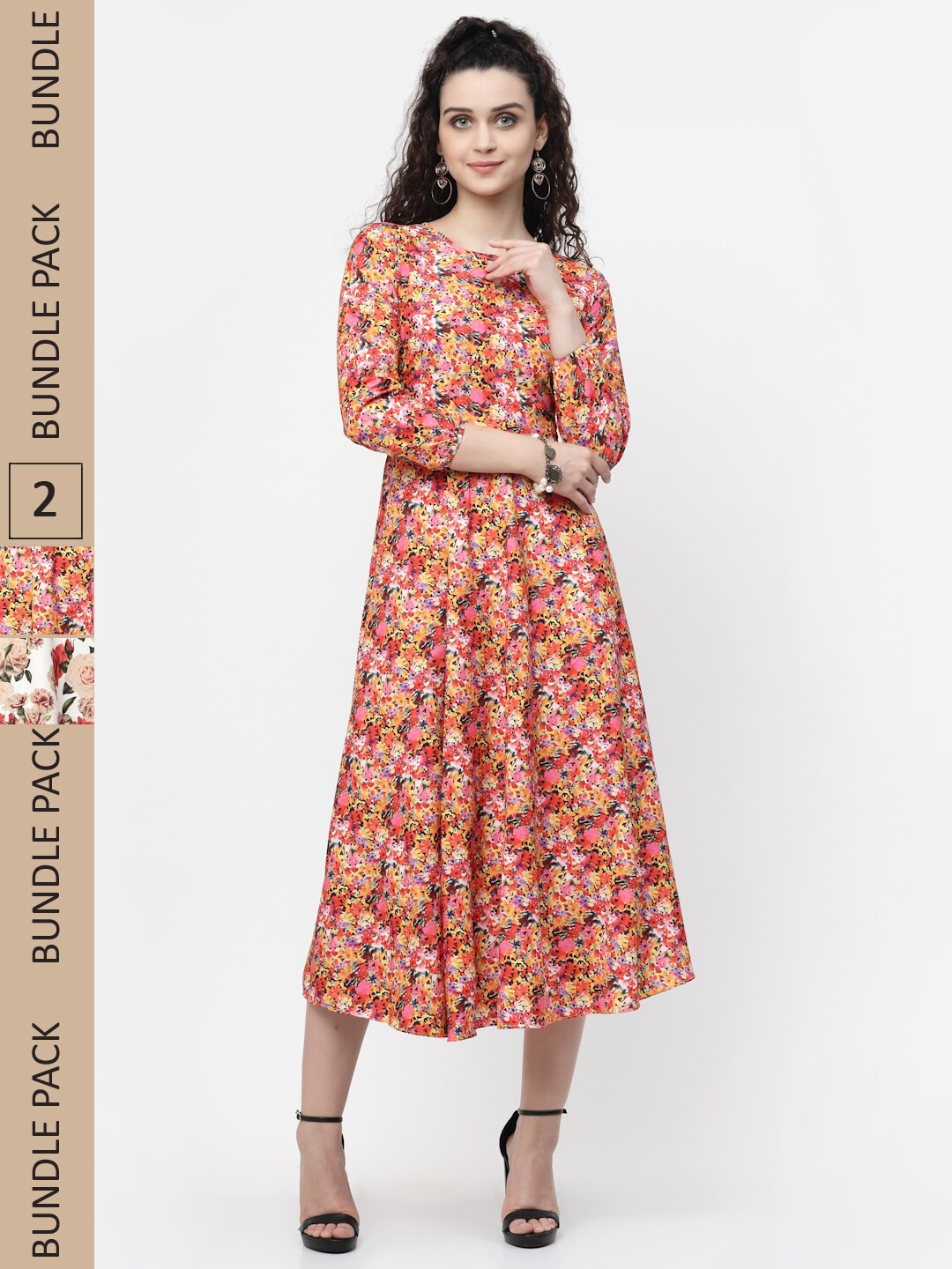 

MISS AYSE Pack of 2 Floral Crepe Midi Dress, Orange