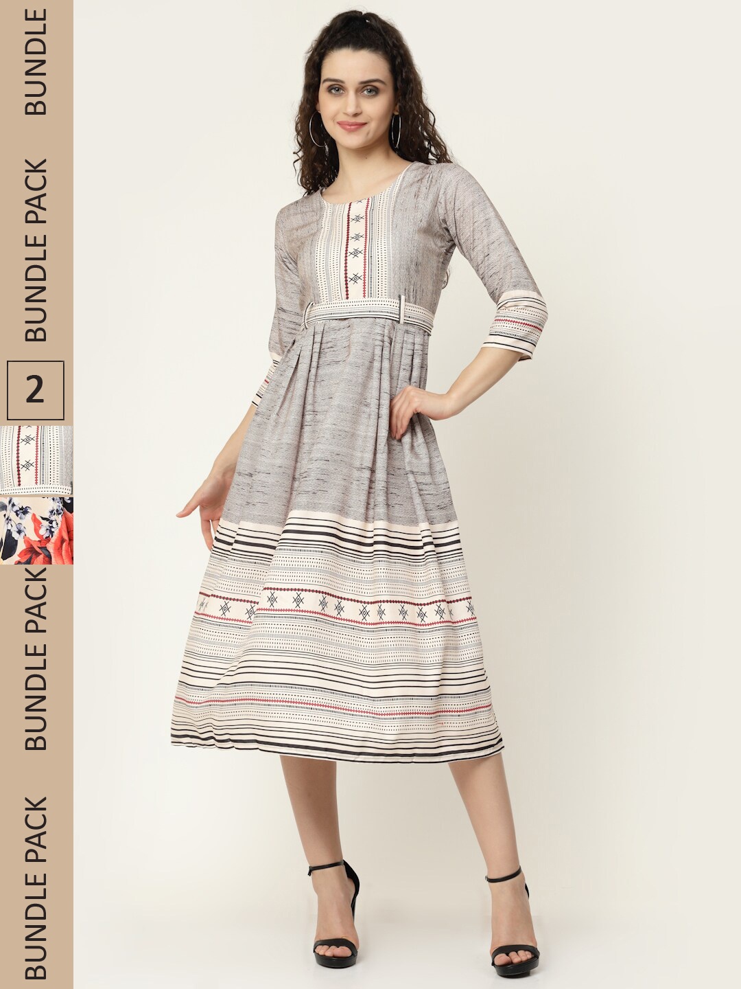 

MISS AYSE Pack of 2 Ethnic Motifs Crepe Midi Dress, Grey