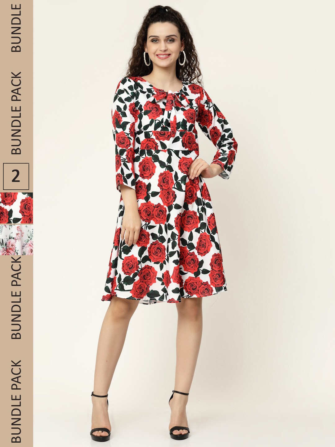 

MISS AYSE Red & Off White Floral Crepe Ethnic Dress Pack of 2