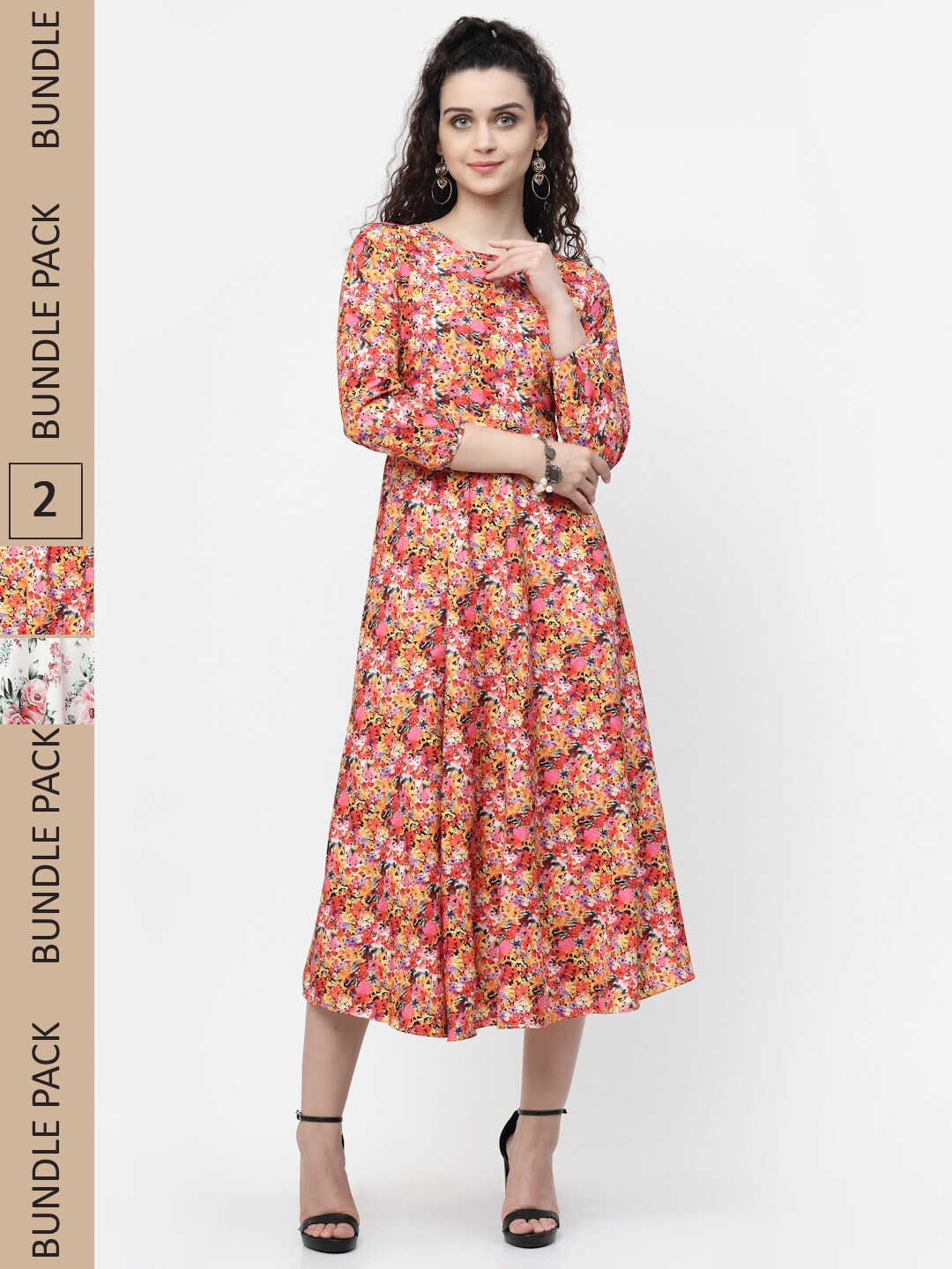 

MISS AYSE Peach-Coloured & Off White Floral Crepe Ethnic Midi Dress Pack of 2
