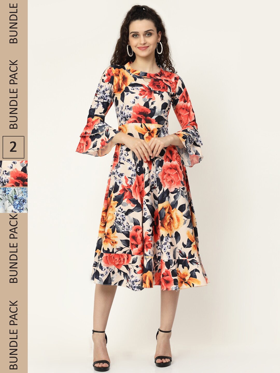 

MISS AYSE Red & Blue Floral Crepe Ethnic Dress Pack of 2