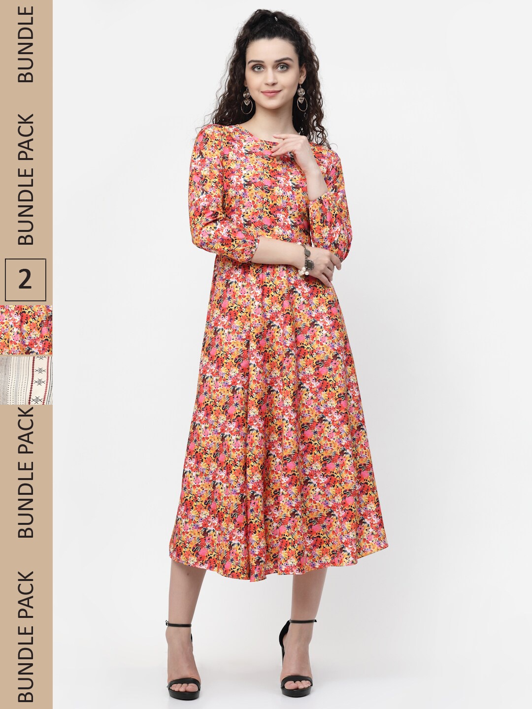 

MISS AYSE Orange & Grey Floral Crepe Ethnic Midi Dress Pack of 2