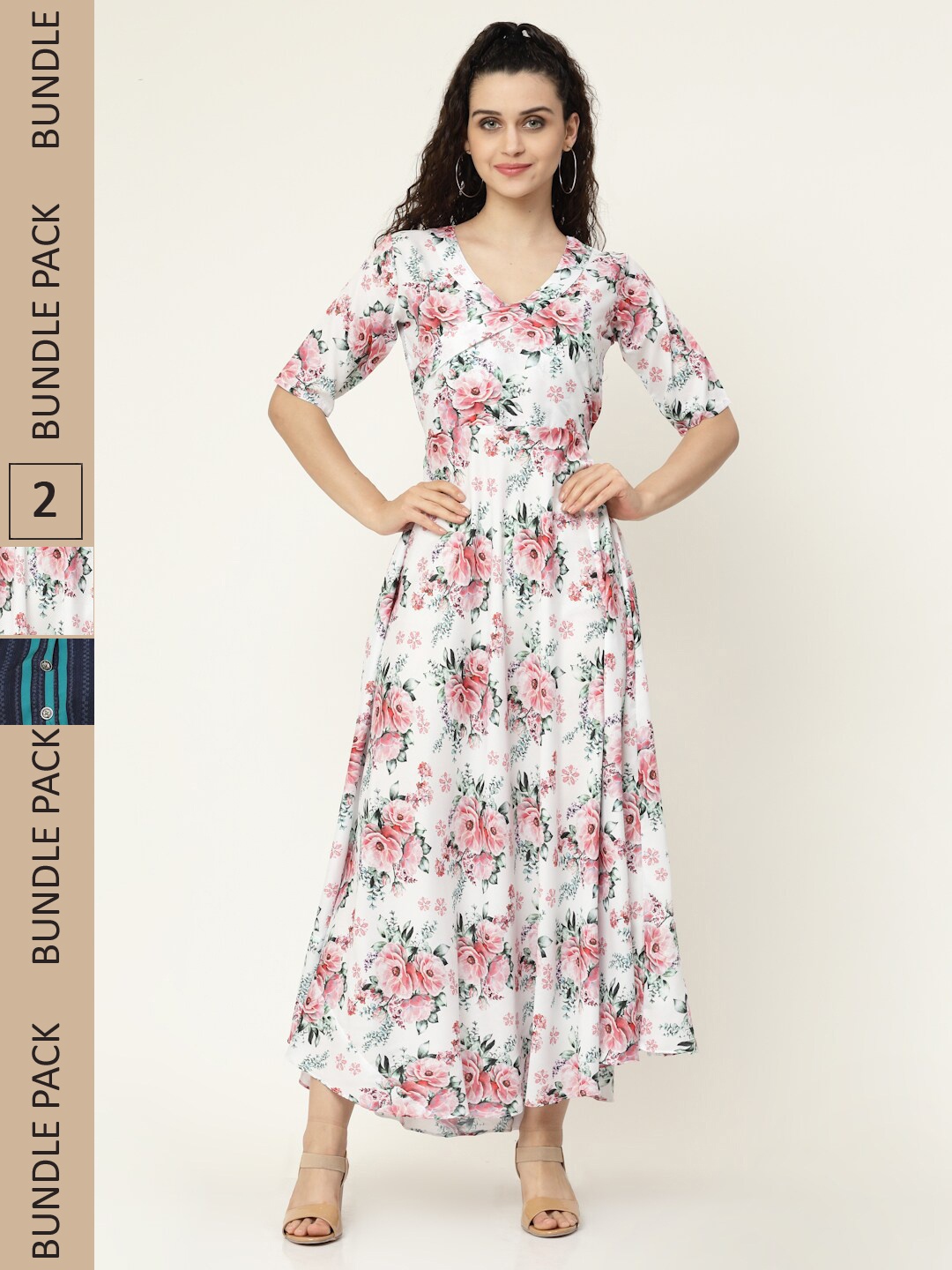 

MISS AYSE Off White & Navy Blue Floral Crepe Ethnic Maxi Dress Pack of 2