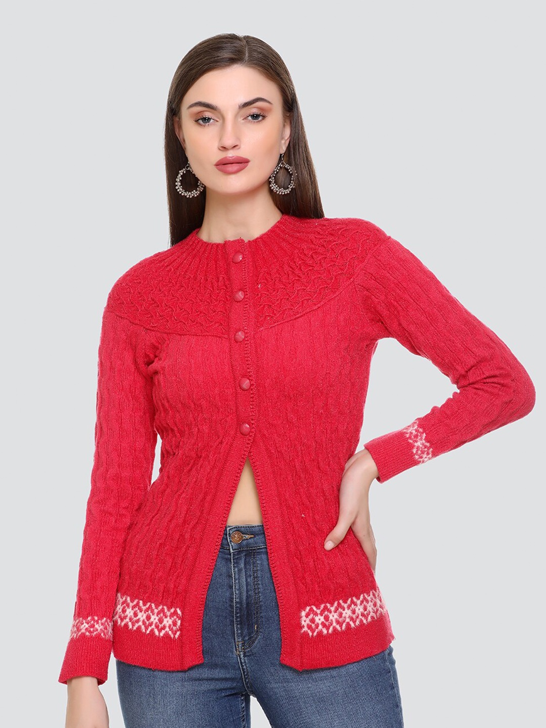 

NITSLINE Women Red & White Self Design Open Knit Long Sleeves Cardigan