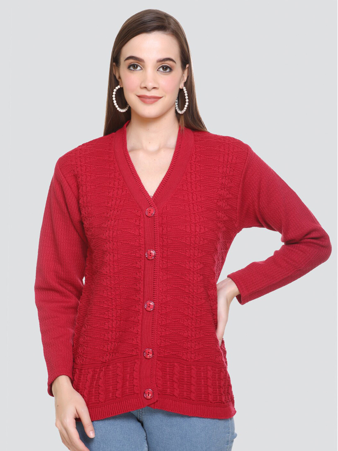 

NITSLINE V-Neck Cable Knit Self Design Acrylic Cardigan, Red