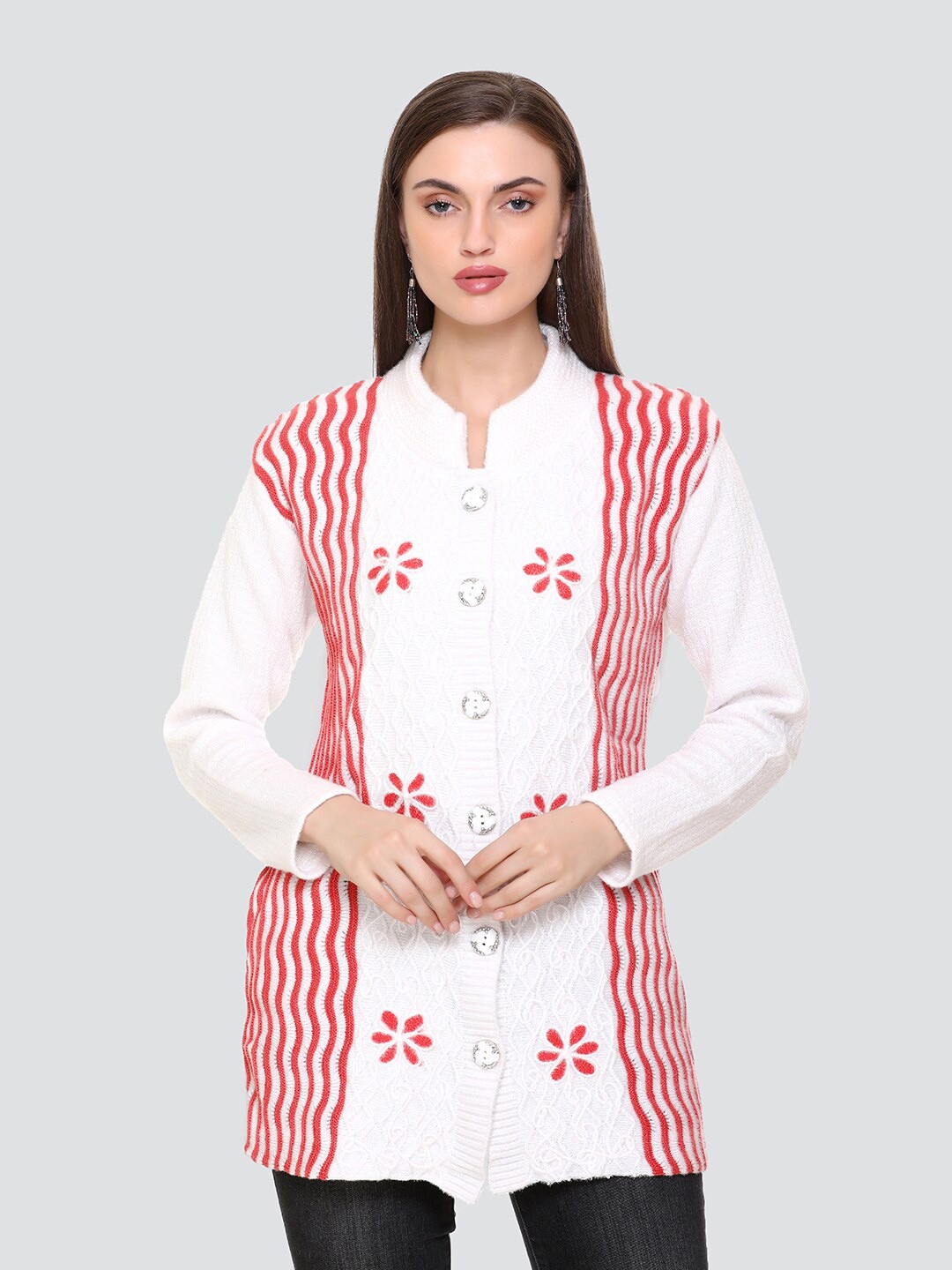 

NITSLINE Women White & Red Floral Printed Longline Acrylic Cardigan
