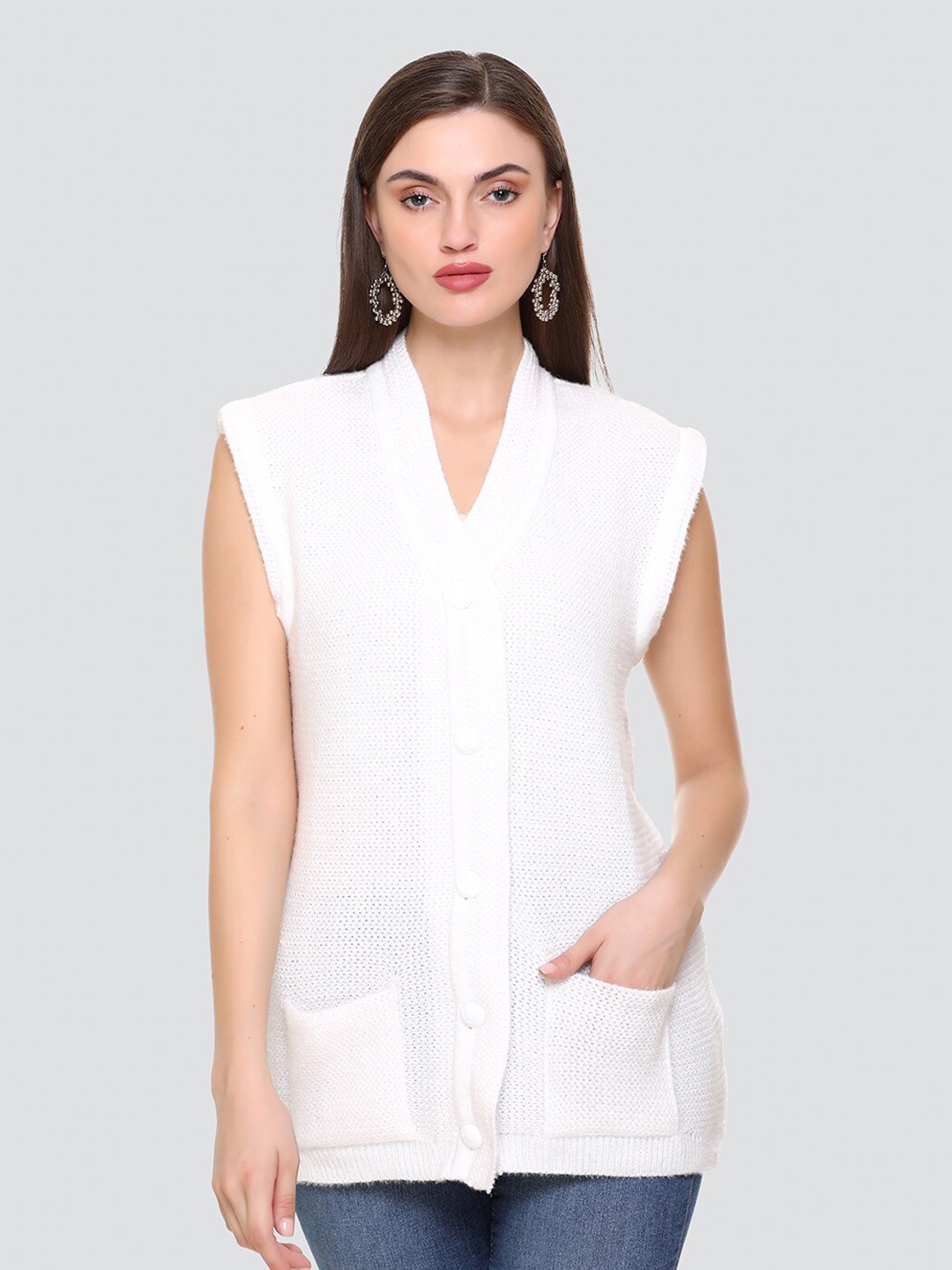 

NITSLINE Women White Ribbed Acrylic Cardigan