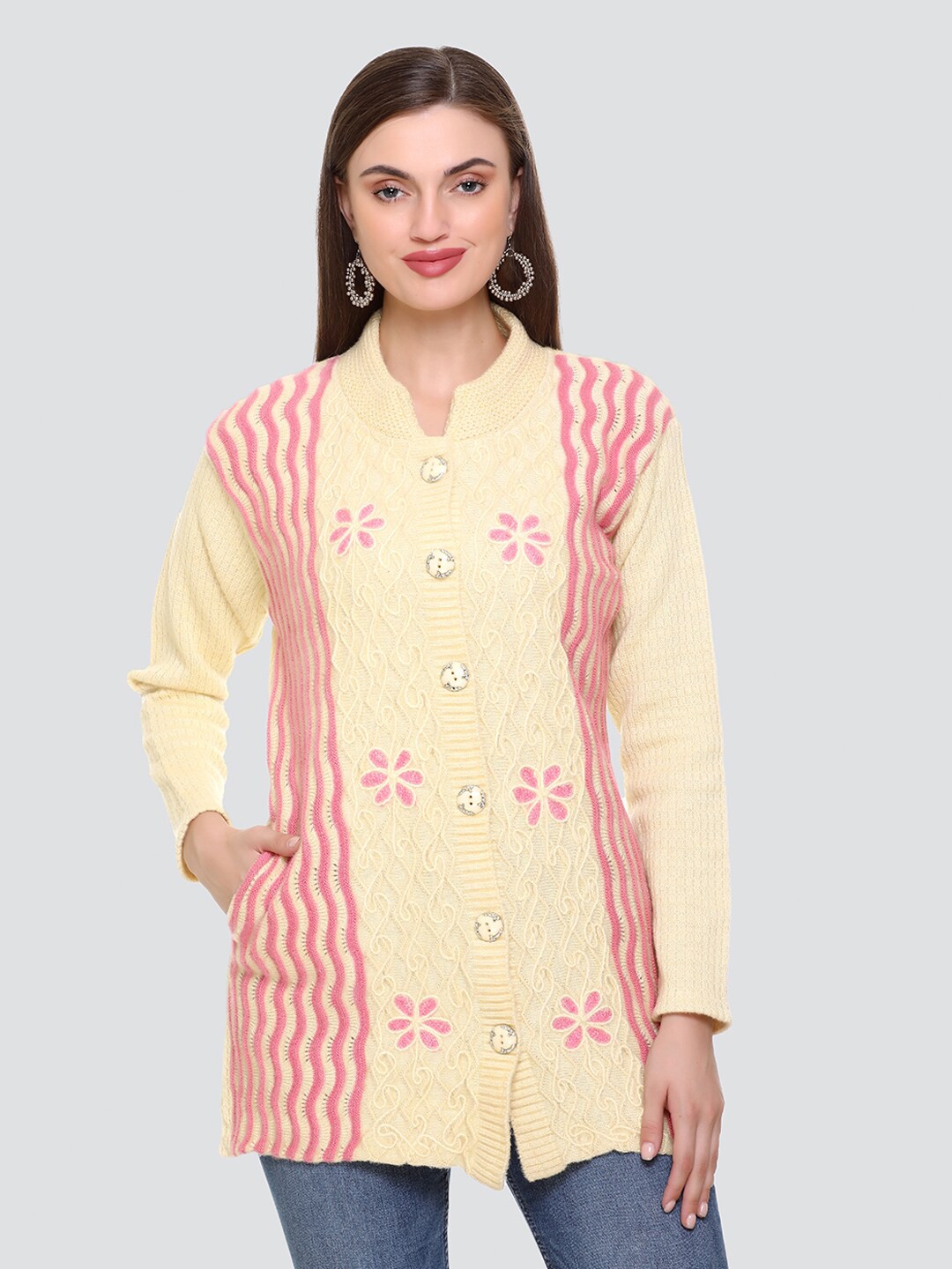 

NITSLINE Women Cream-Coloured & Pink Floral Acrylic Cardigan
