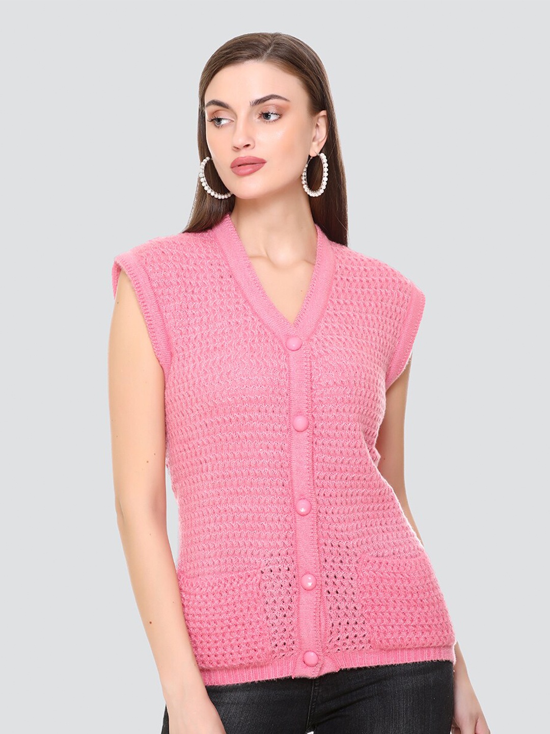 

NITSLINE Women Pink Cable Knit Acrylic Cardigan