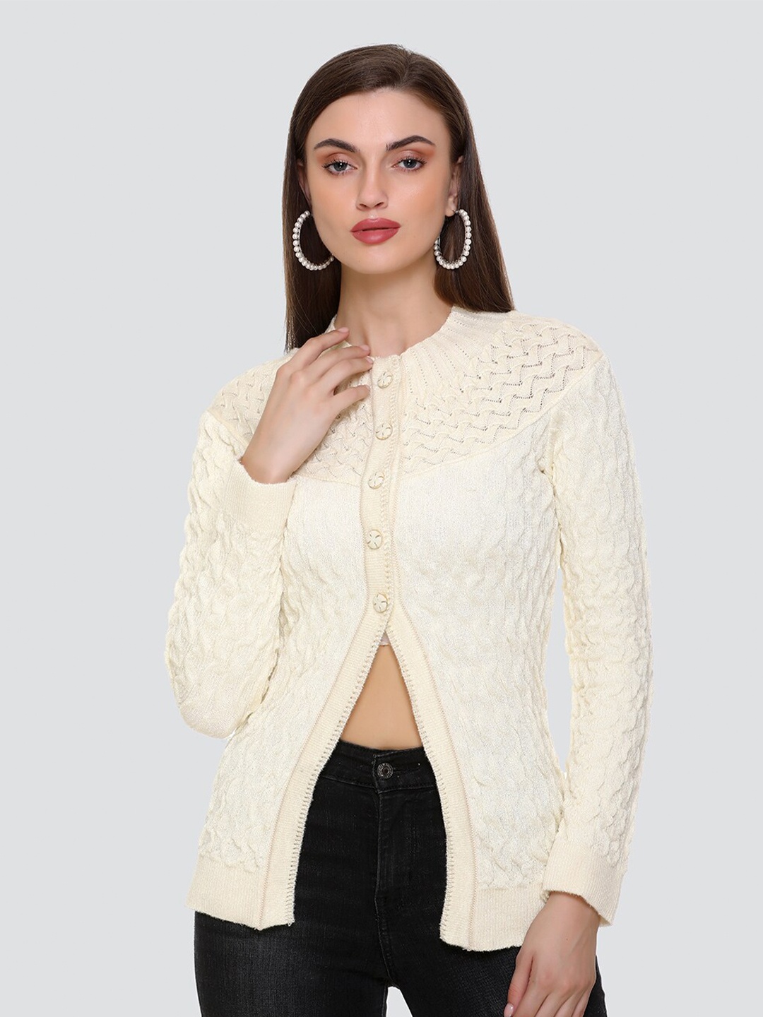 

NITSLINE Round Neck Cable Knit Self Design Woolen Cardigan, Cream
