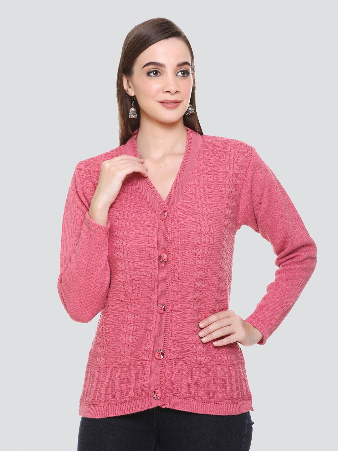 

NITSLINE Women Pink Cable Knit Acrylic Cardigan