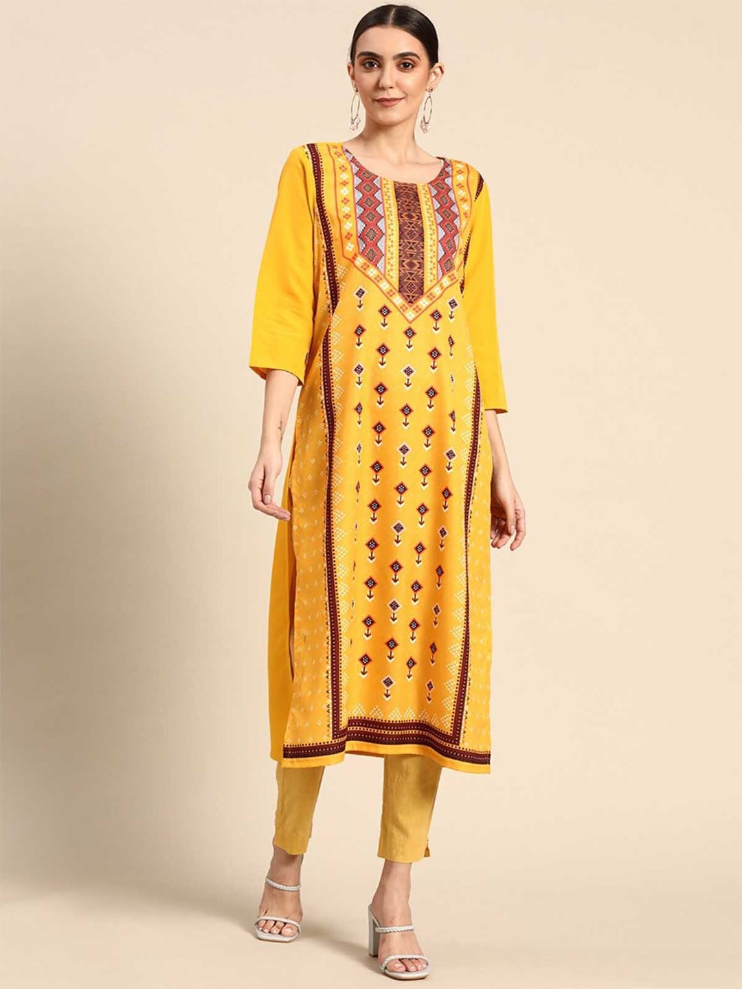 

ODETTE Women Mustard Yellow Geometric Printed Crepe Kurta
