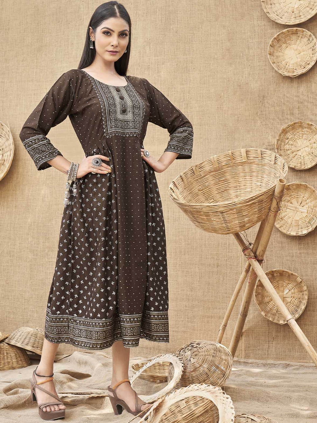 

ODETTE Women Brown Ethnic Motifs Printed Anarkali Kurta