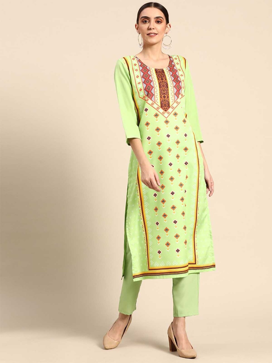 

ODETTE Women Green Geometric Printed Crepe Kurta