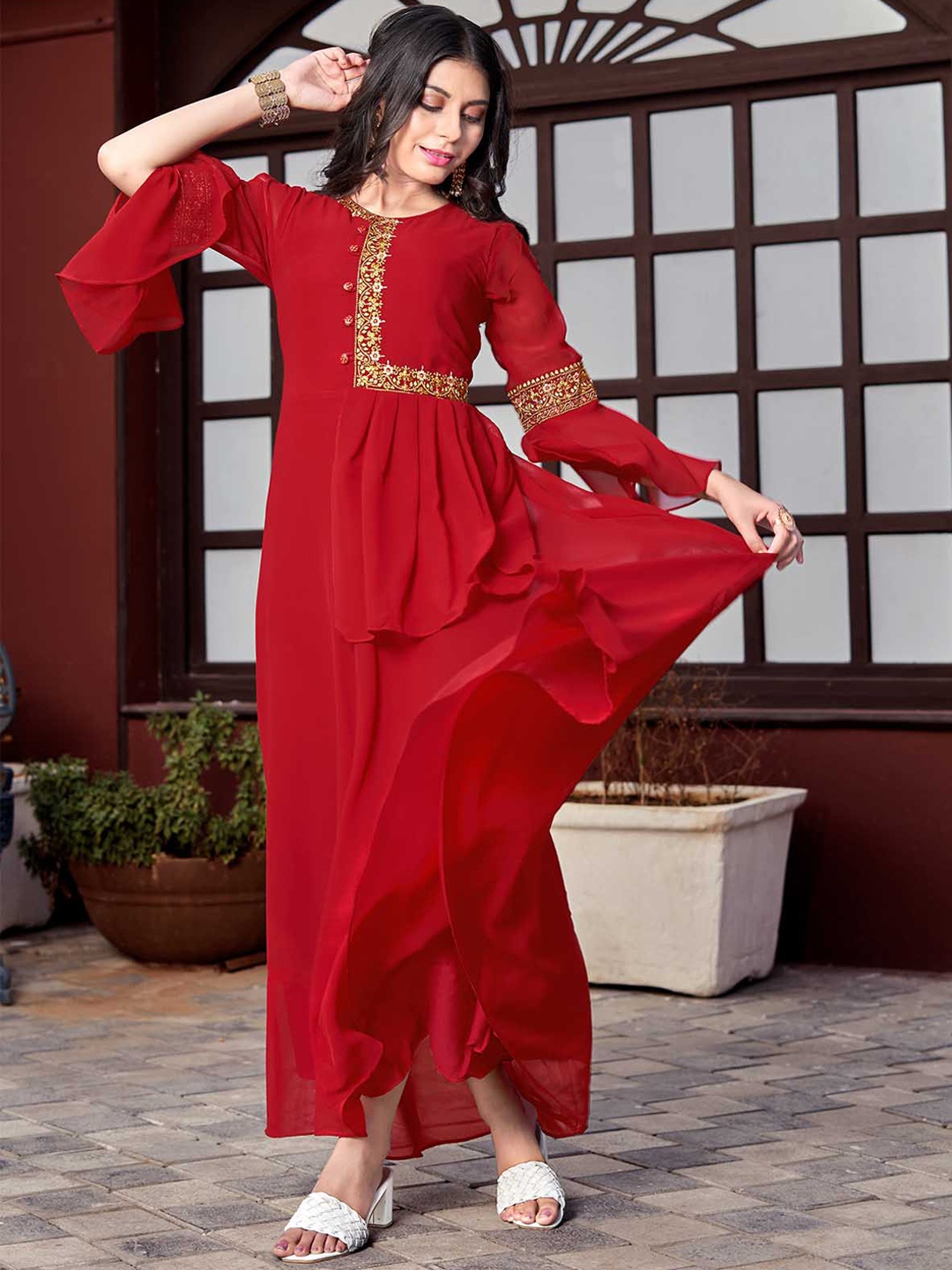 

ODETTE Women Maroon Yoke Design Flared Sleeves Thread Work Georgette Kurta