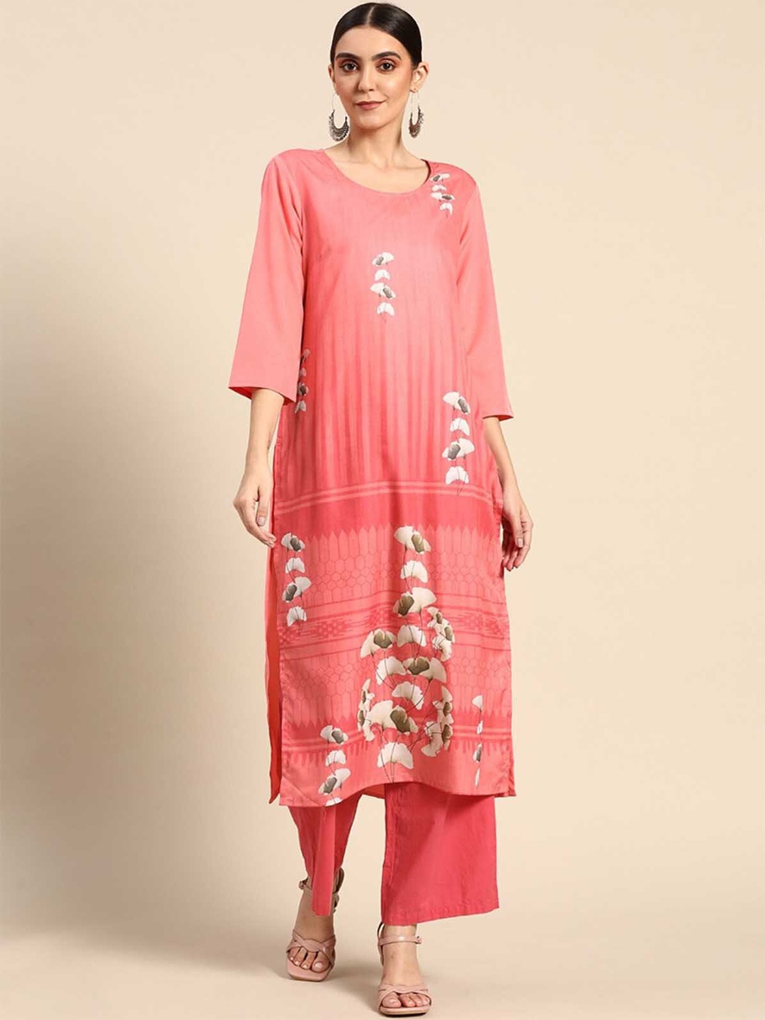 

ODETTE Floral Printed Crepe Straight Kurta, Pink