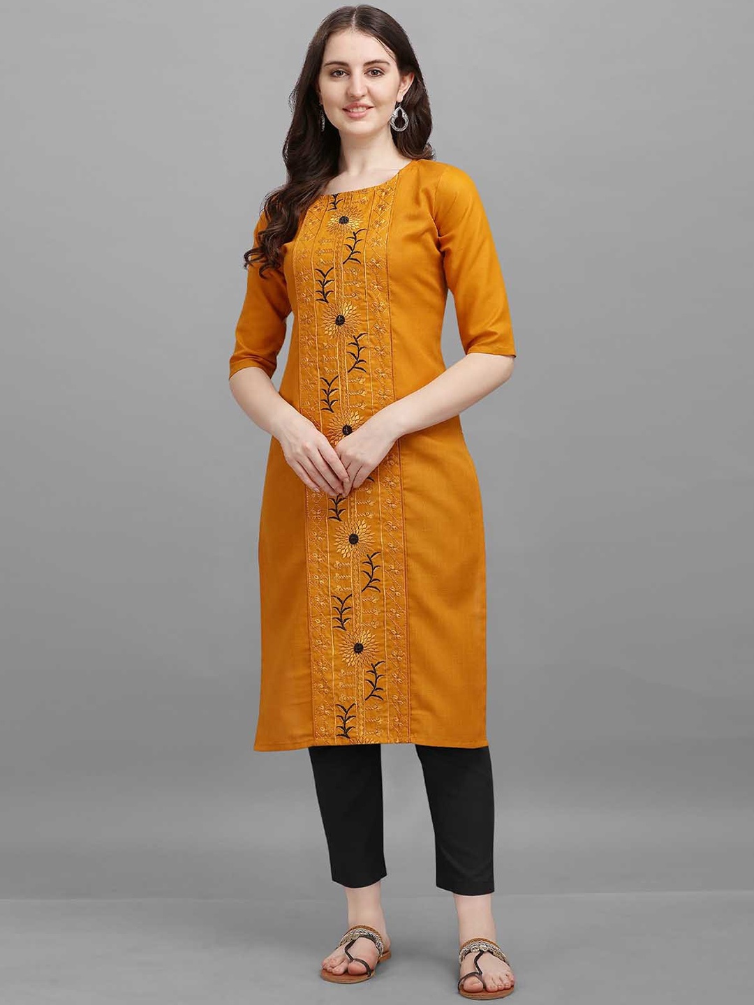 

ODETTE Mustard Yellow Floral Embroidered Thread Work Cotton Kurta