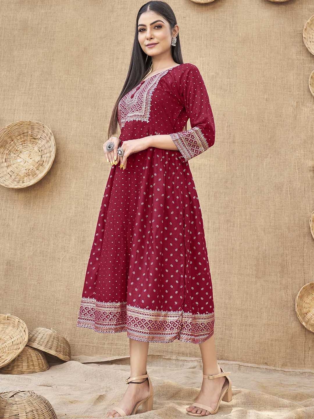 

ODETTE Maroon Ethnic Motifs Printed Gotta Patti Anarkali Kurta
