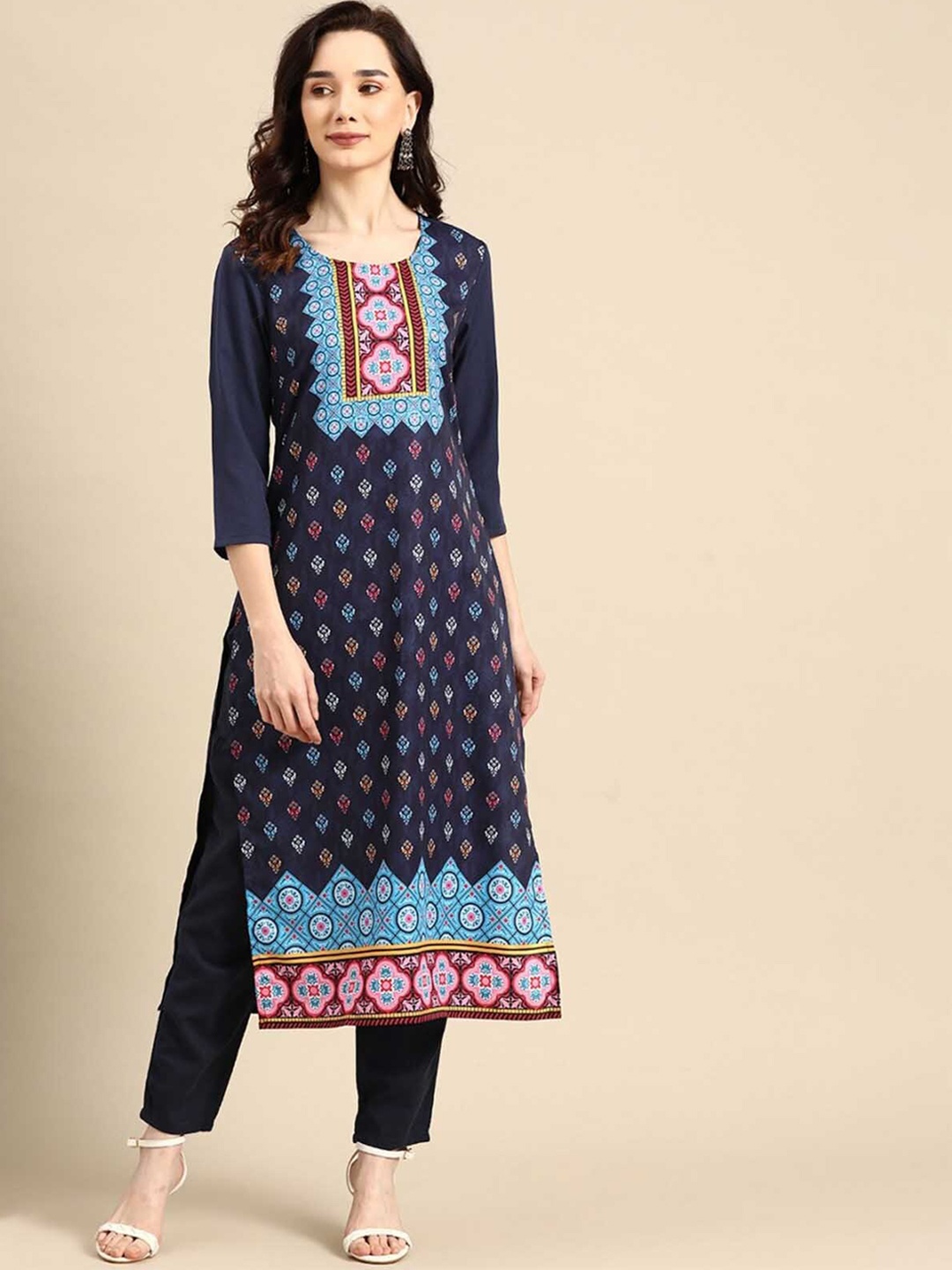 

ODETTE Geometric Printed Crepe Kurta, Navy blue