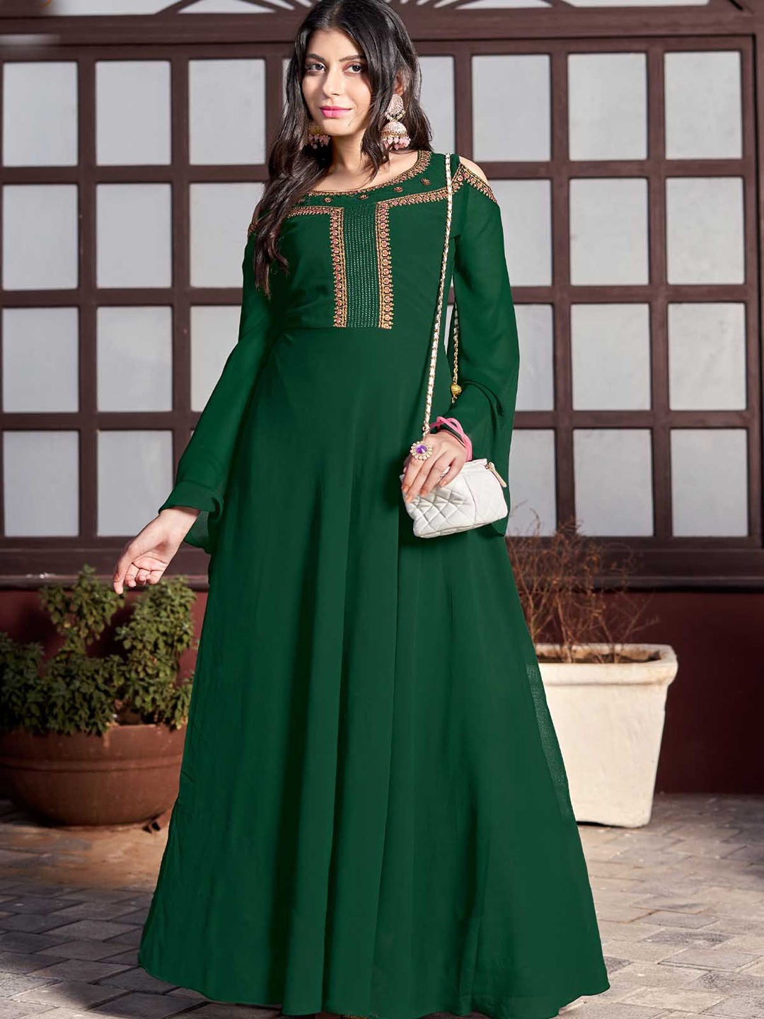 

ODETTE Green Yoke Design Georgette Anarkali Kurta