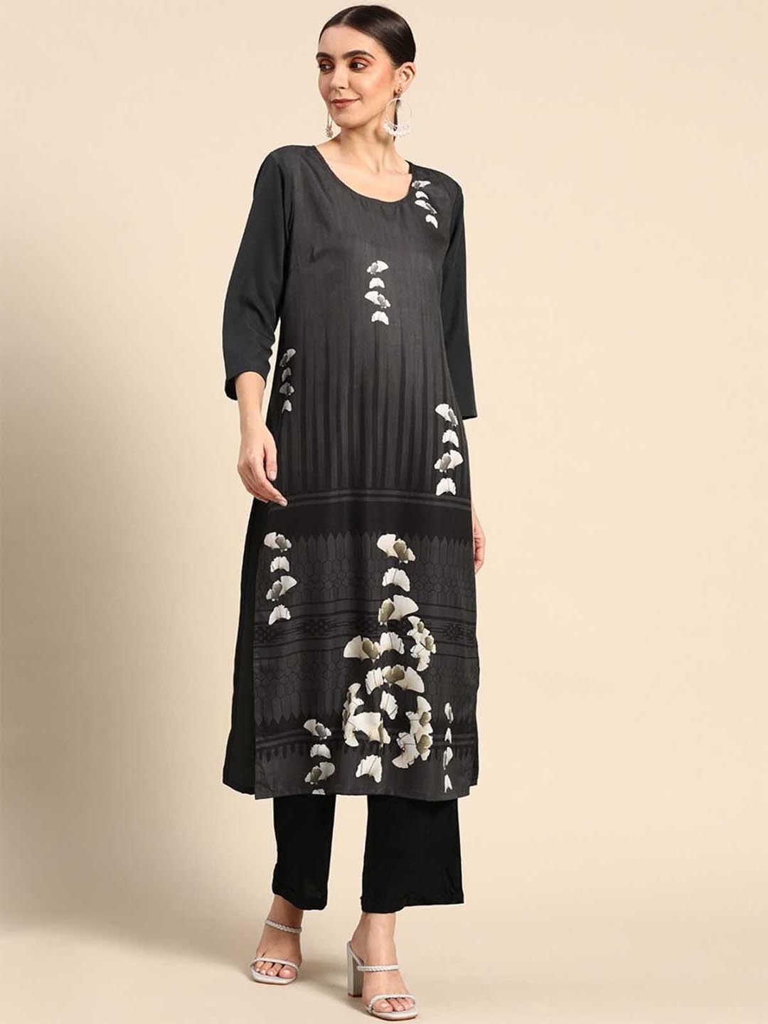 

ODETTE Floral Printed Straight Crepe Kurta, Grey