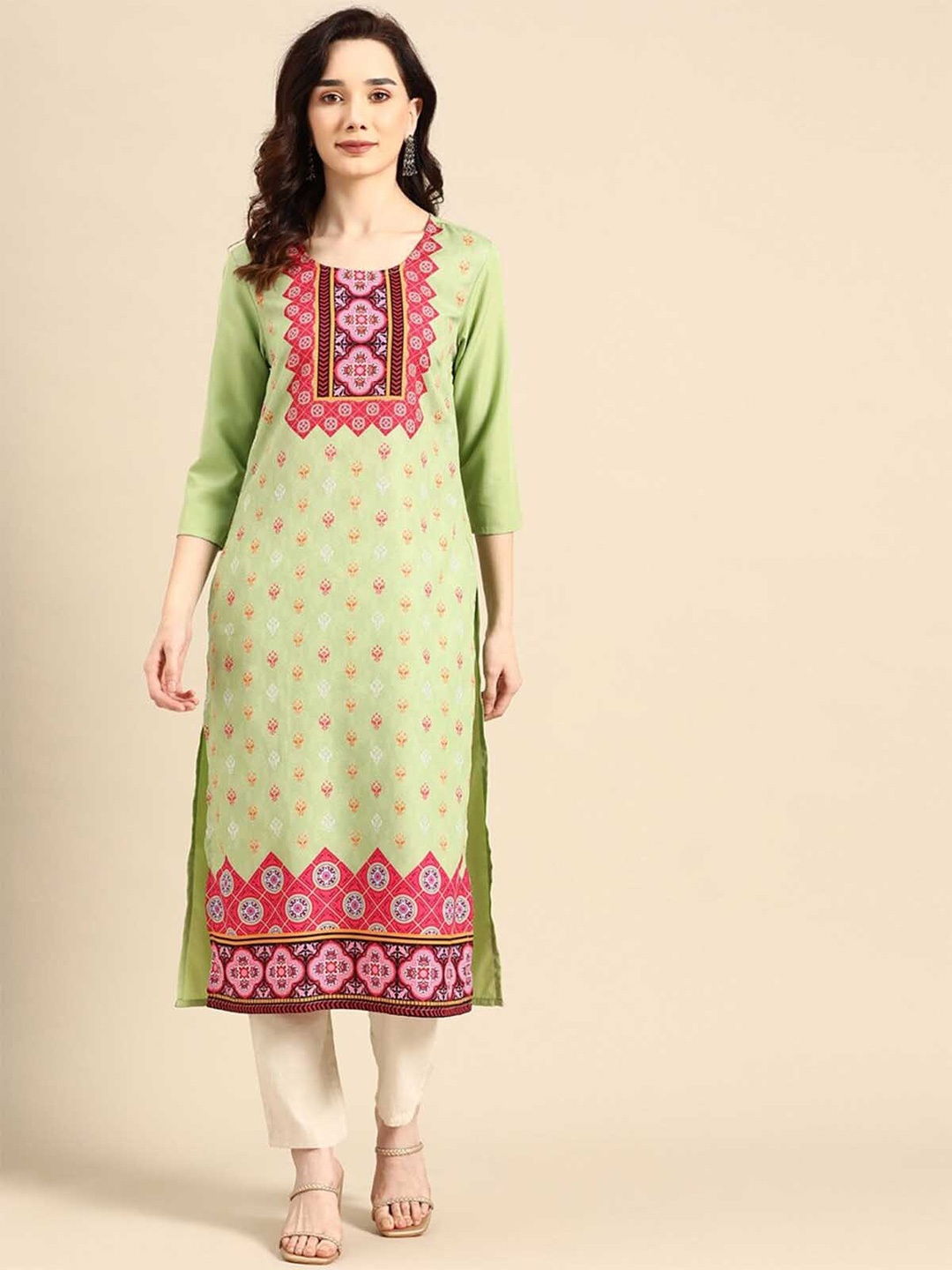 

ODETTE Geometric Printed Straight Crepe Kurta, Green