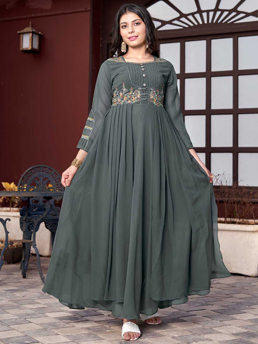 

ODETTE Yoke Design Thread Work Georgette Anarkali Kurta, Grey