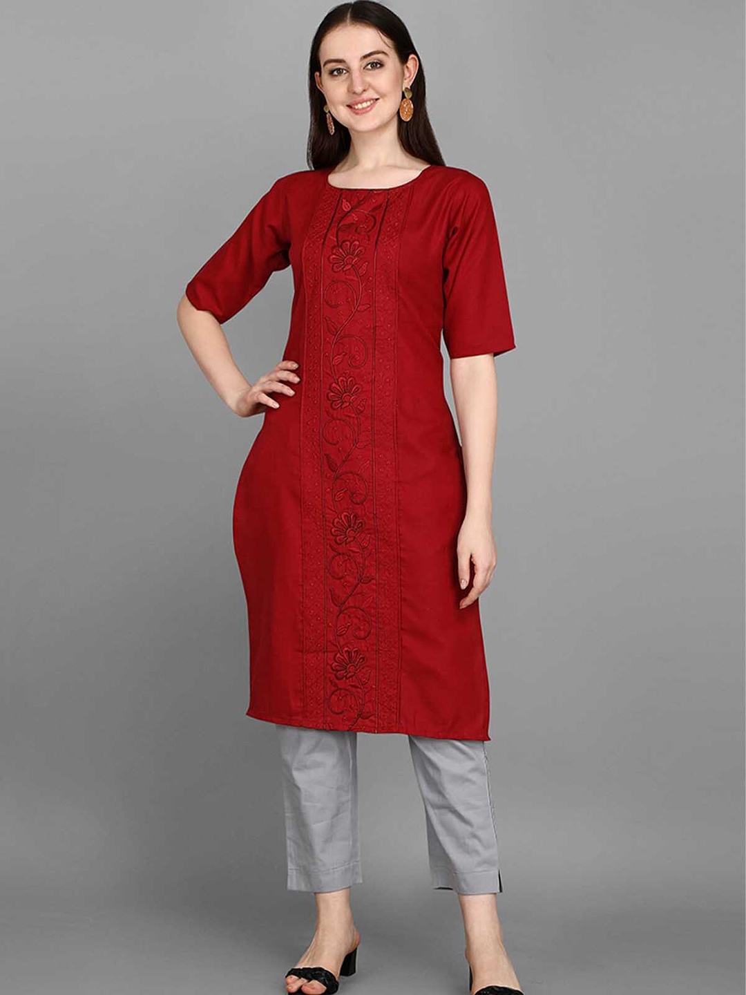 

ODETTE Maroon Floral Embroidered Thread Work Pure Cotton Kurta