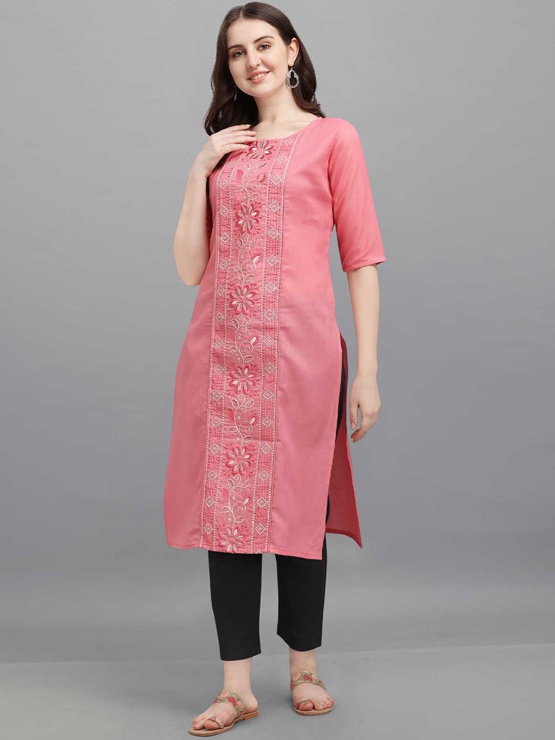

ODETTE Floral Embroidered Thread Work Pure Cotton Kurta, Pink
