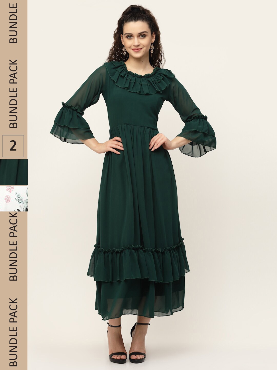 

MISS AYSE Green & White Pack of 2 Georgette Maxi Dress