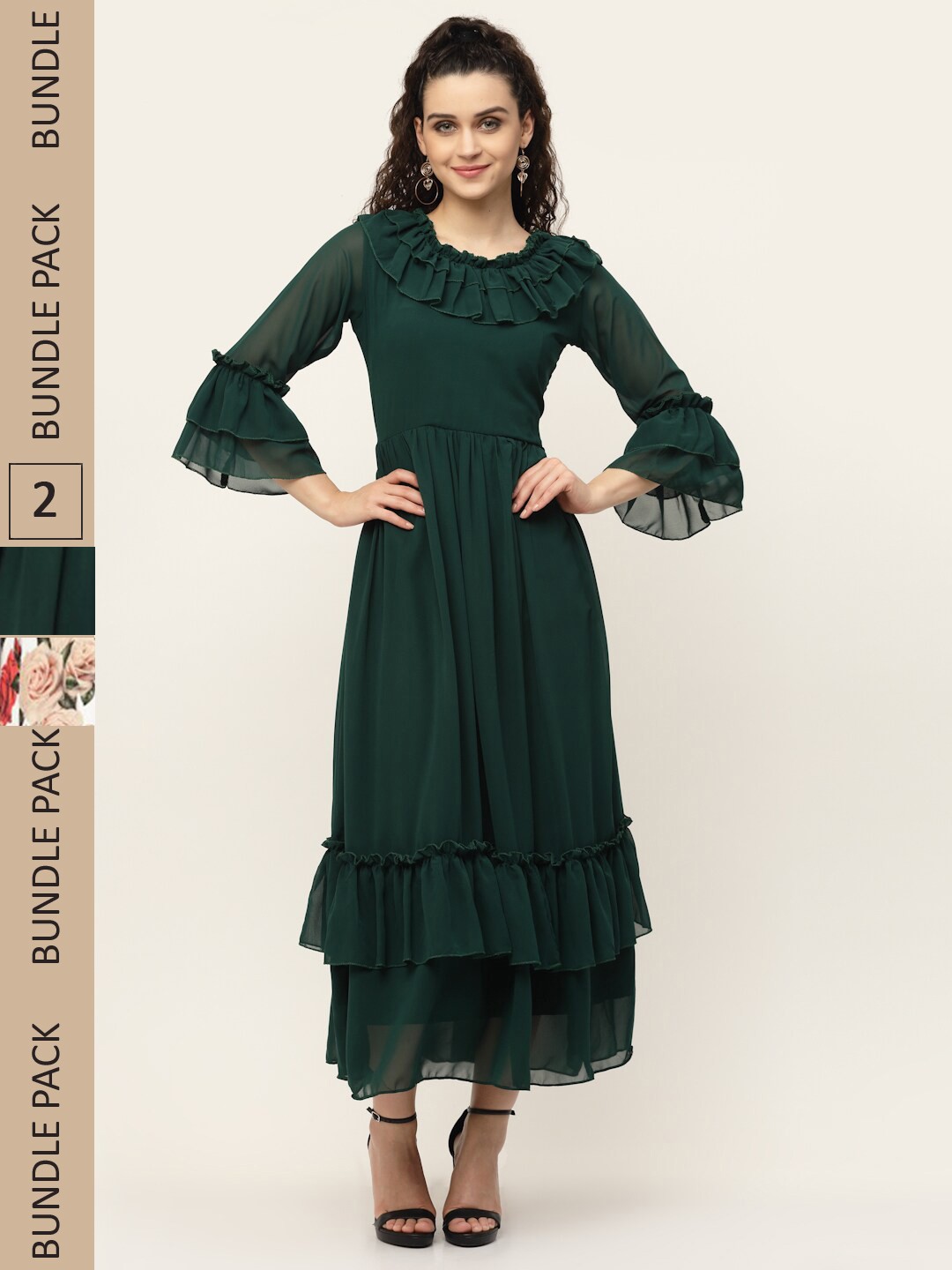 

MISS AYSE Green & White Pack of 2 Georgette Maxi Dress