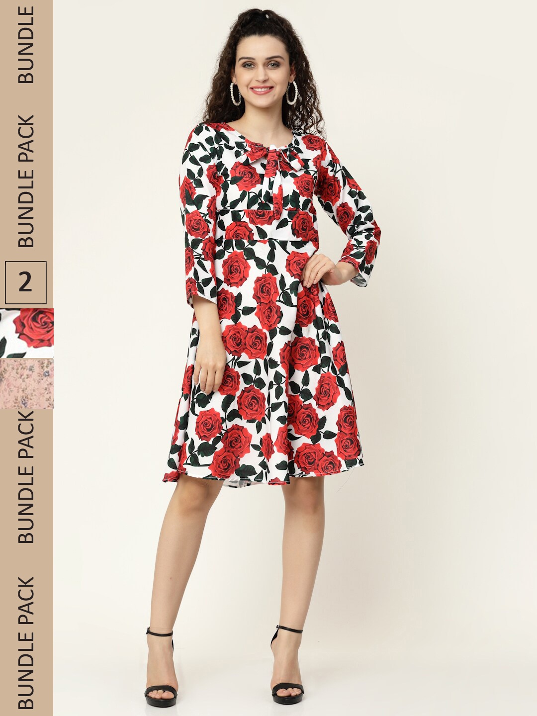 

MISS AYSE White & Red Floral Pack of 2 Floral Printed Tie-Up Neck Maxi Dress