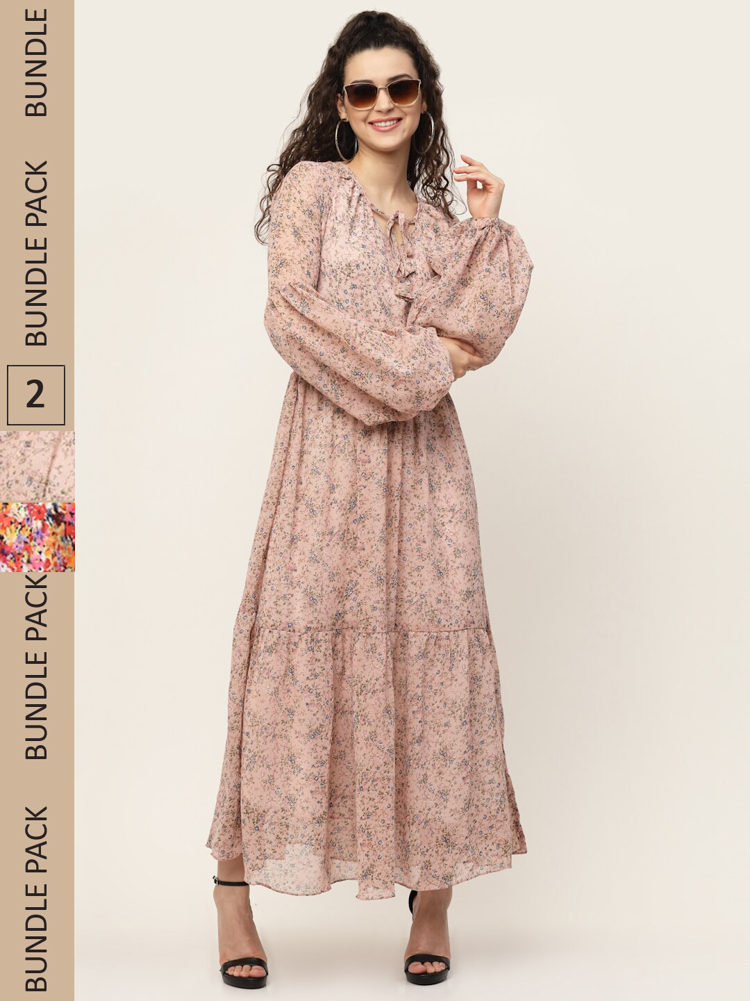 

MISS AYSE Pink & Red Pack of 2 Floral Printed Tie-Up Neck Maxi Dress