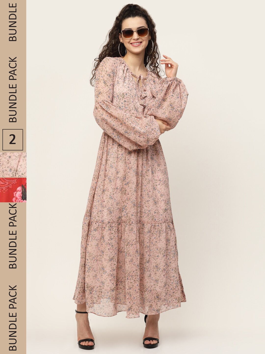 

MISS AYSE Pack of 2 Floral Tie-Up Neck Georgette Maxi Maxi Dress, Mauve