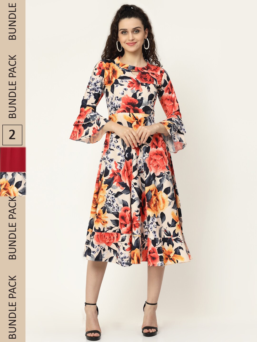 

MISS AYSE Red & Orange Floral Georgette Ethnic Midi Dress Pack of 2