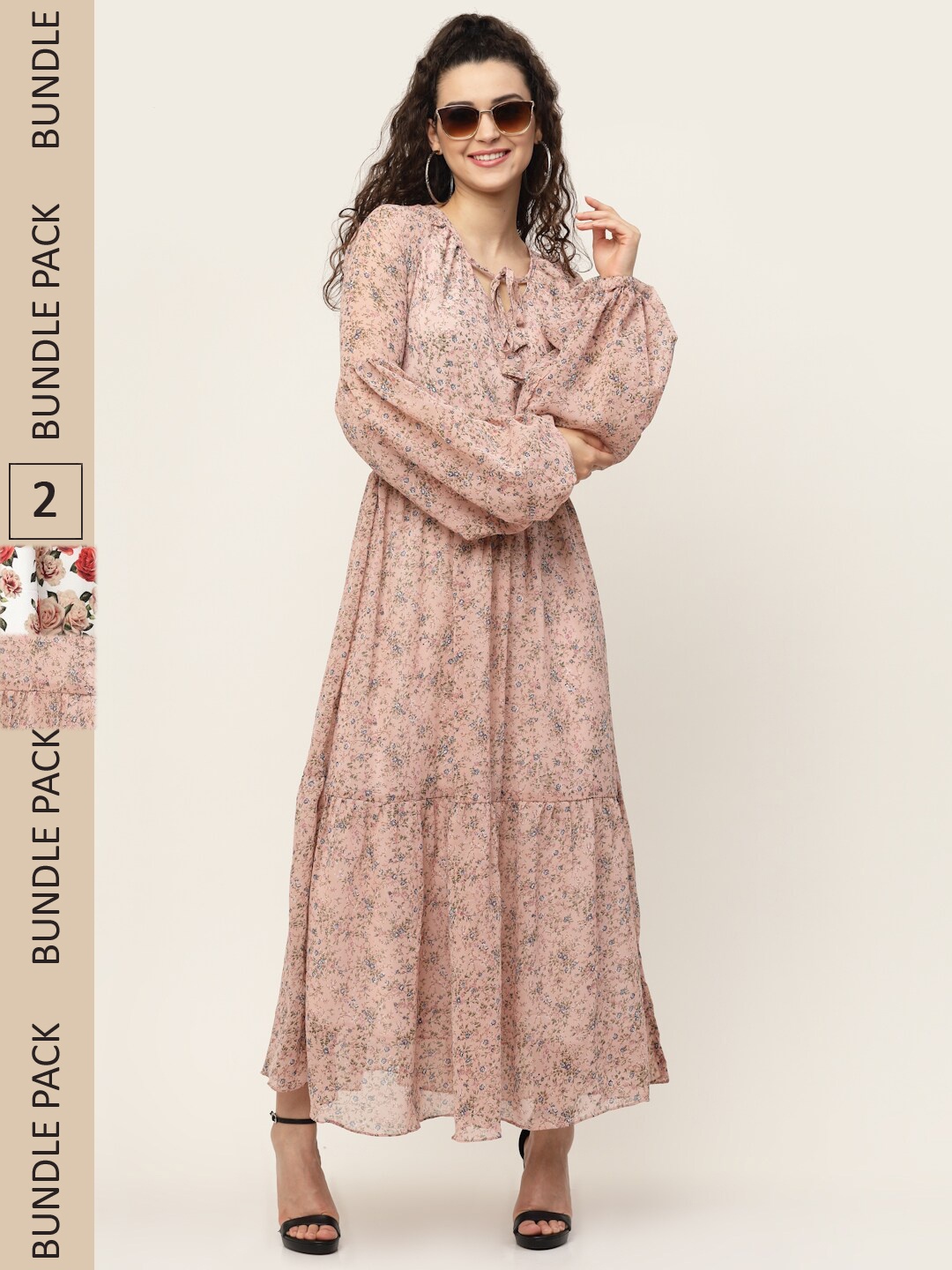 

MISS AYSE Beige & Red Floral Georgette Ethnic Maxi Dress Pack of 2