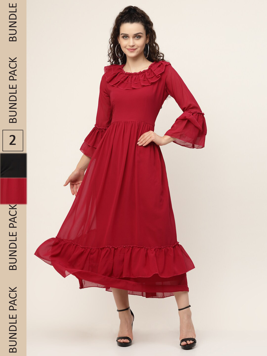 

MISS AYSE Red & Black Georgette Midi Dress Pack of 2