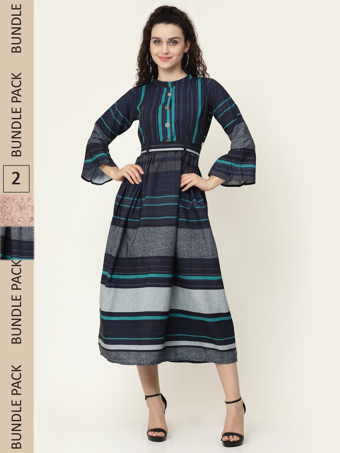 MISS AYSE Navy Blue & Beige Floral Georgette Ethnic Maxi Dress Pack of 2