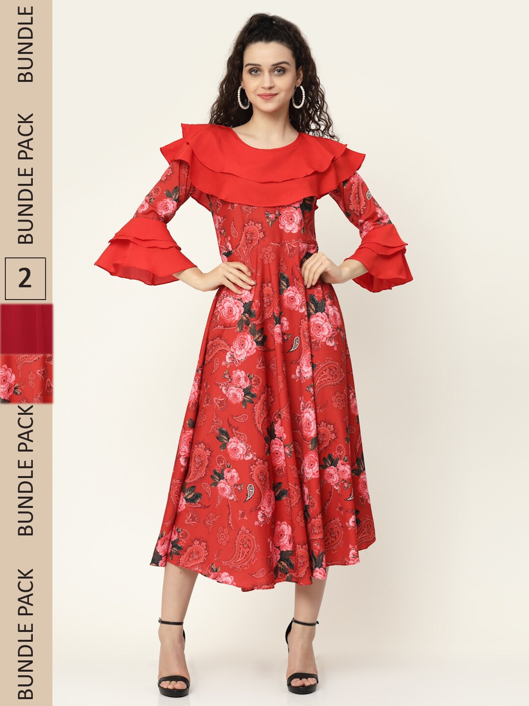

MISS AYSE Red Georgette Ethnic Midi Dress Pack of 2