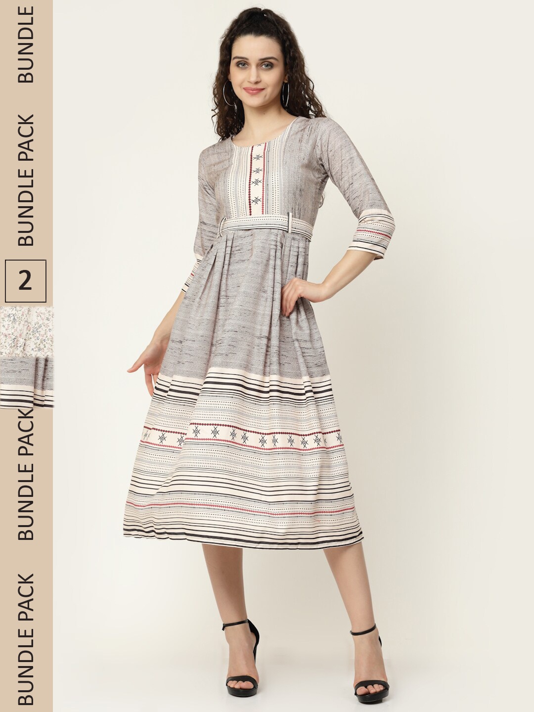 

MISS AYSE Grey & Off White Pack Of 2 Striped Georgette Maxi Dress