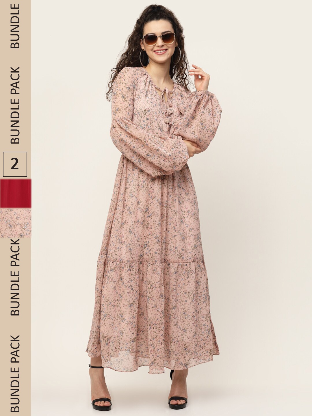 

MISS AYSE Mauve & Red Pack Of 2 Floral Printed Georgette Maxi Dress