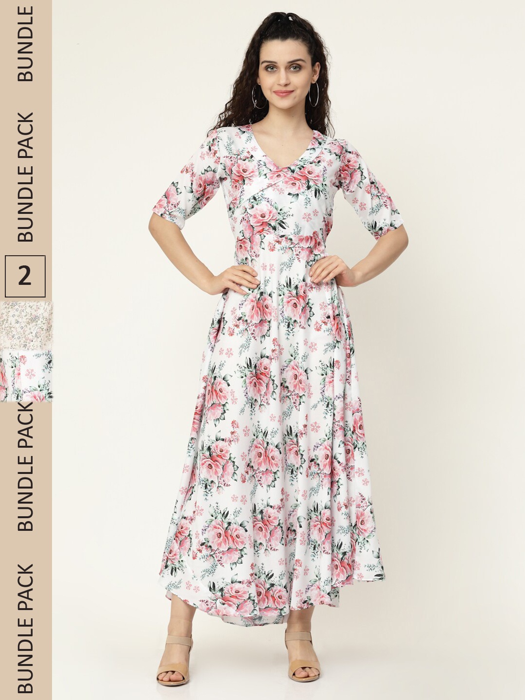 

MISS AYSE White & Off White Pack Of 2 Floral Printed Georgette Maxi Dress