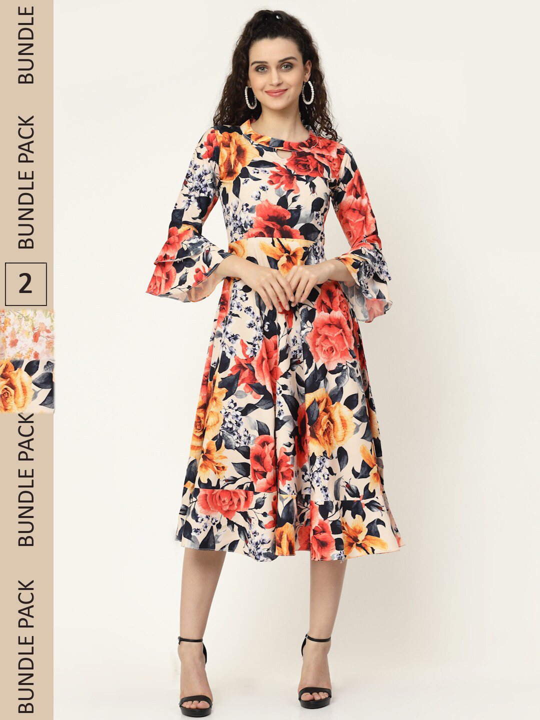 

MISS AYSE Orange & Cream-Coloured Floral Georgette Ethnic Maxi Midi Dress Pack of 2