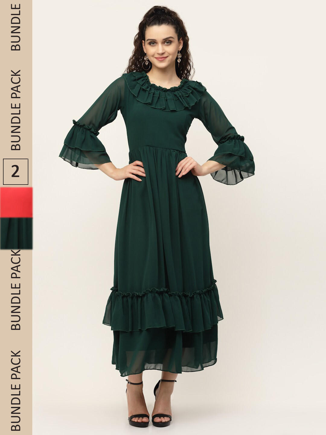 

MISS AYSE Green & Red Georgette Ethnic Maxi Dress Pack of 2