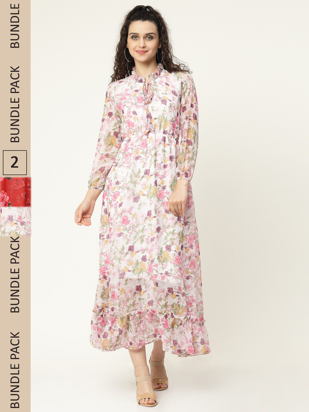 

MISS AYSE White & Red Pack Of 2 Floral Tie-Up Neck Georgette Maxi Dress