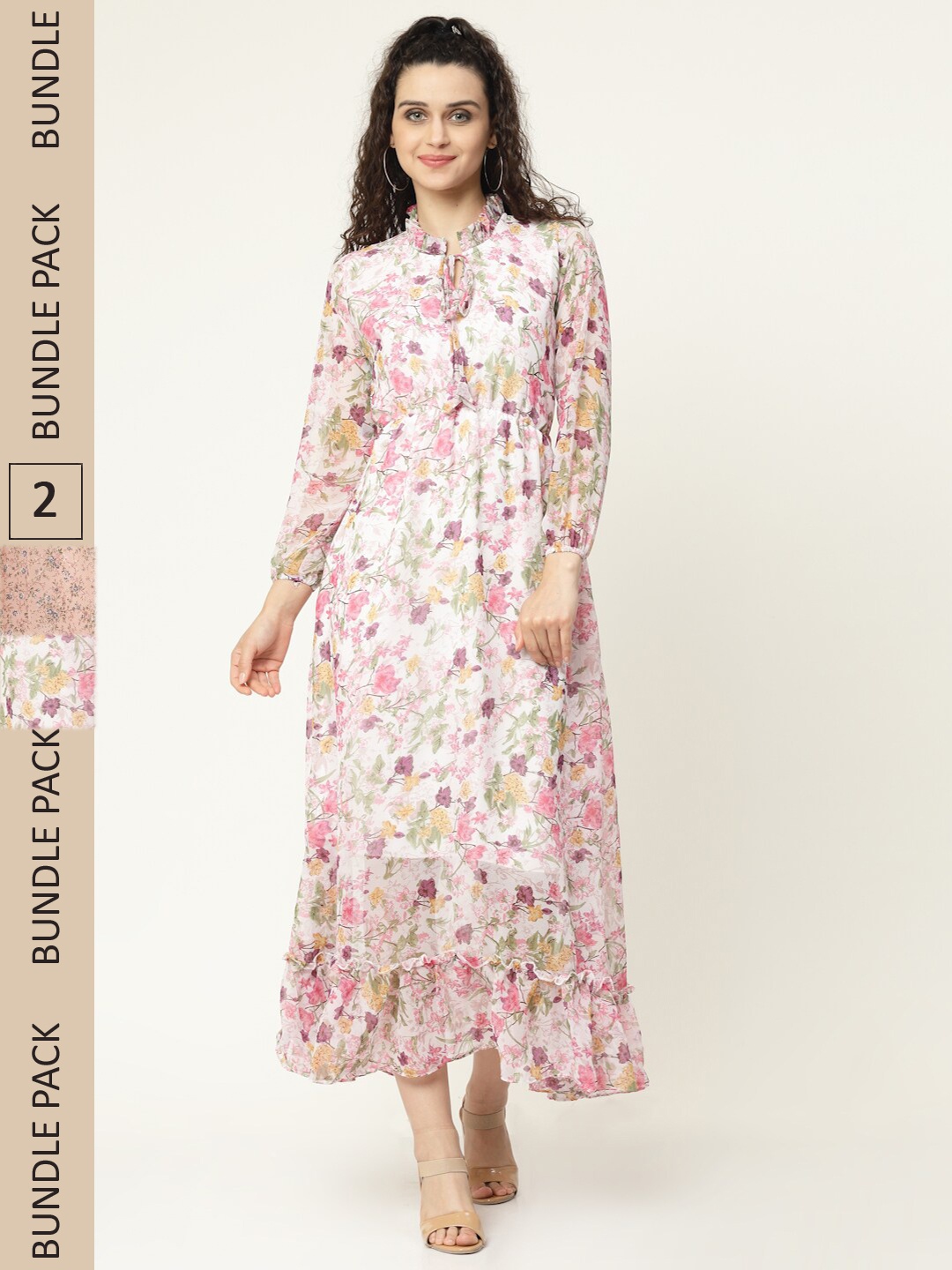 

MISS AYSE White Floral Printed Tie-Up Neck Georgette Maxi Dress