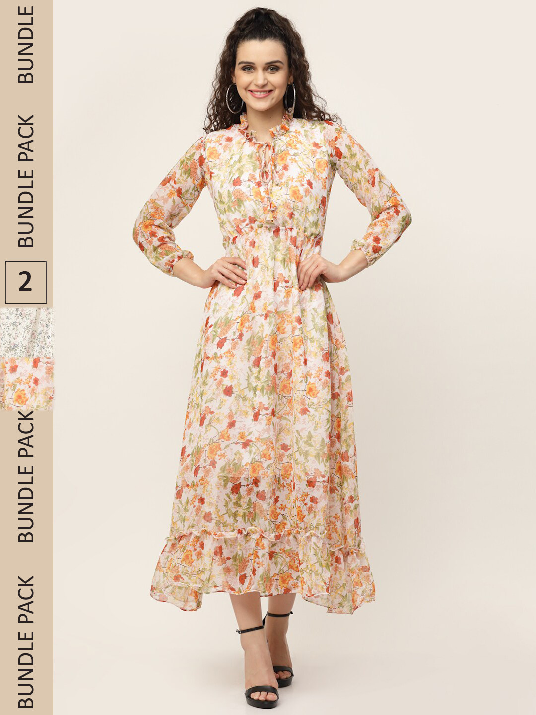 

MISS AYSE Orange & Off White Pack Of 2 Floral Printed Tie-Up Neck Georgette Maxi Dress